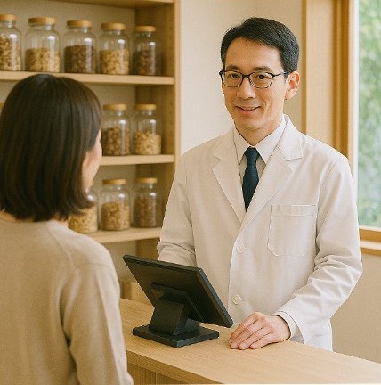 レジで相談している画像